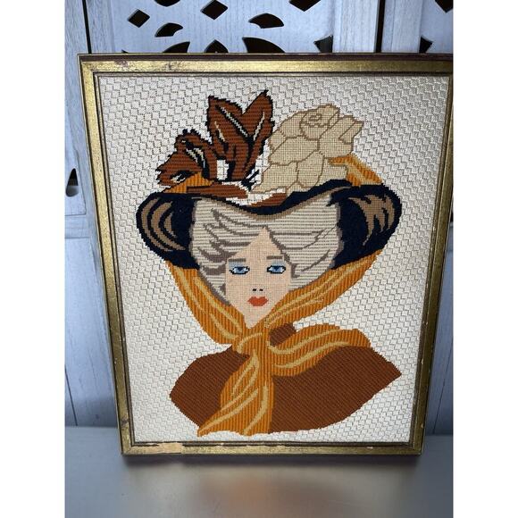 Vintage Victorian Woman Needlepoint Wall Art Large Handmade Decor 80s - Picture 2 of 5